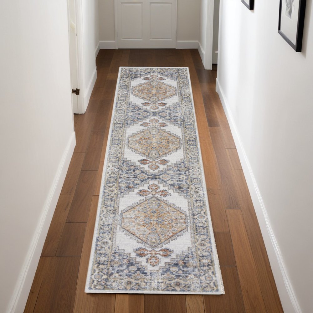 8' Gray And Gold Floral Medallion Distressed Washable Runner Rug