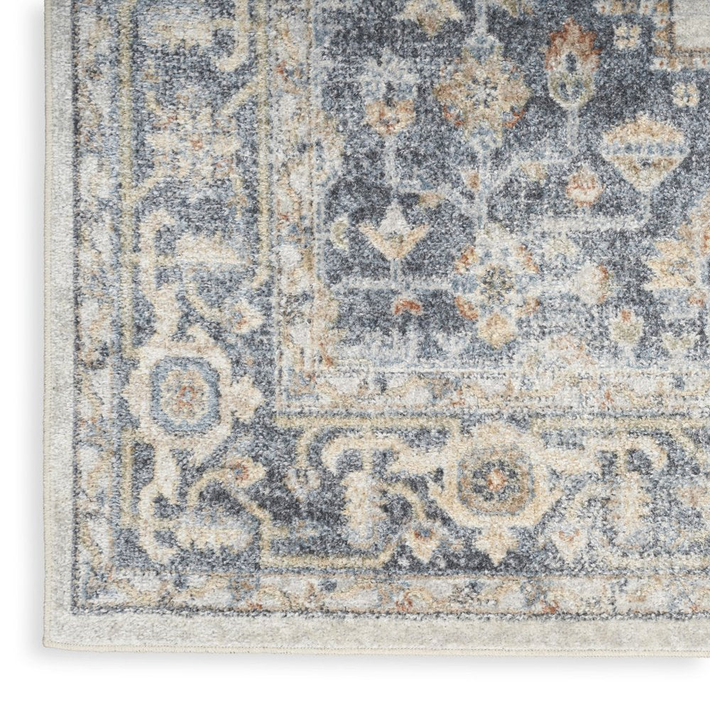 8' Gray And Gold Floral Medallion Distressed Washable Runner Rug
