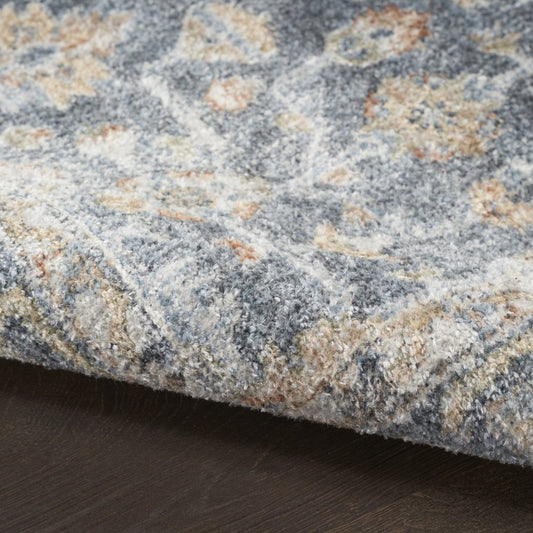 8' Gray And Gold Floral Medallion Distressed Washable Runner Rug