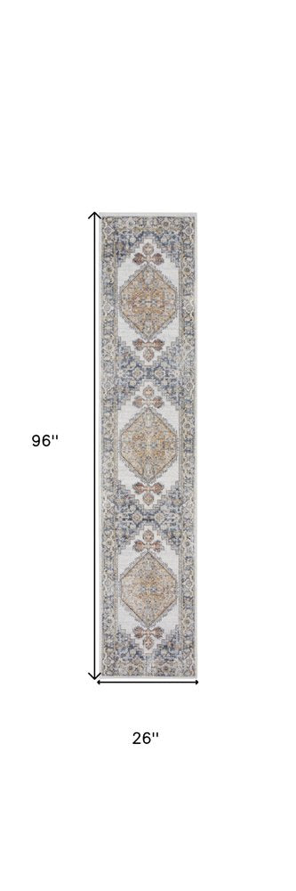 8' Gray And Gold Floral Medallion Distressed Washable Runner Rug