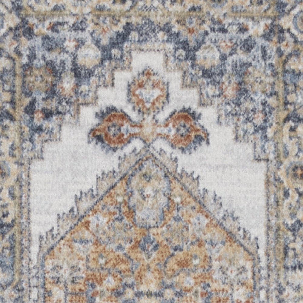 8' Gray And Gold Floral Medallion Distressed Washable Runner Rug