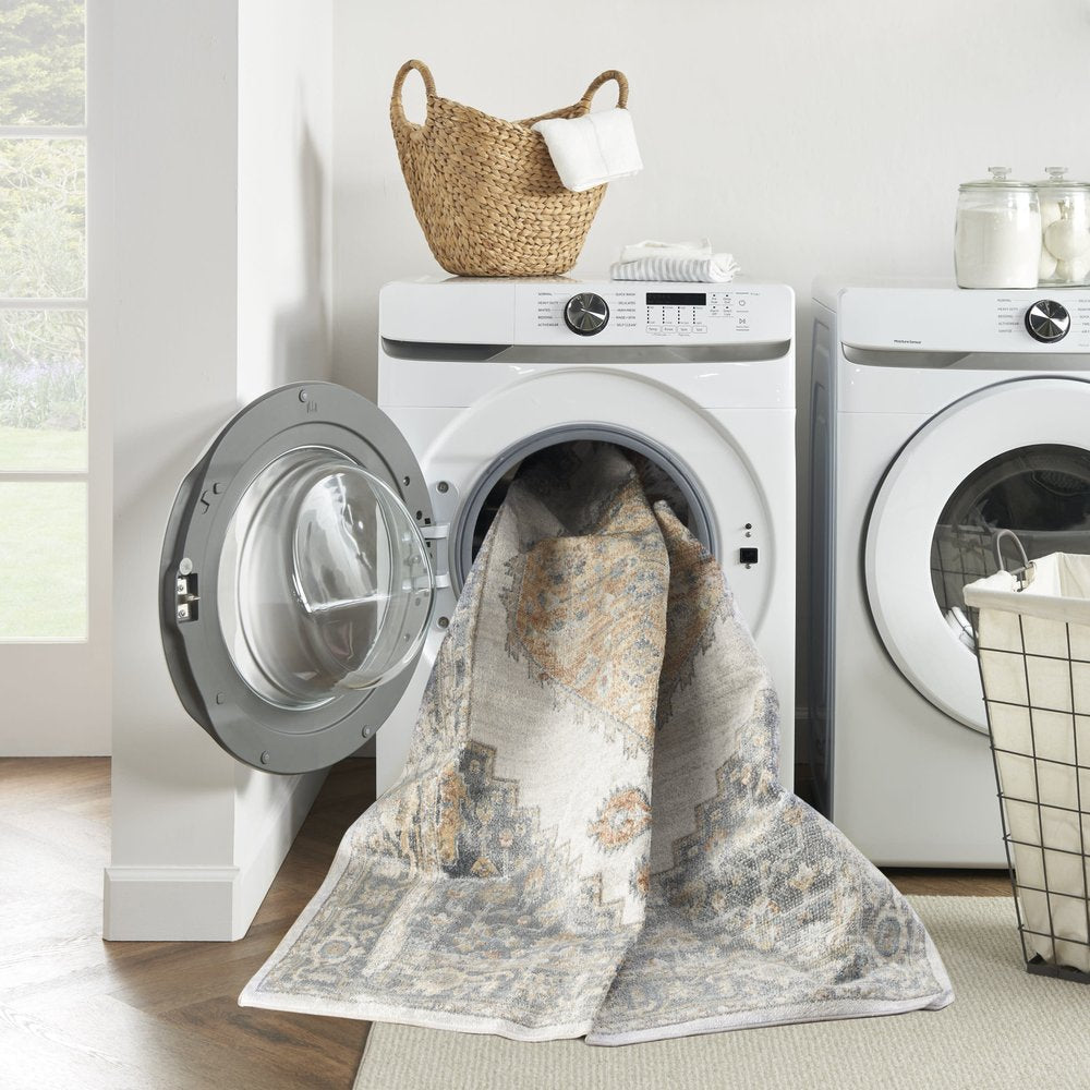 8' Gray And Gold Floral Medallion Distressed Washable Runner Rug