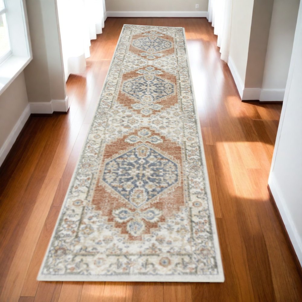 12' Gray And Ivory Oriental Distressed Washable Runner Rug