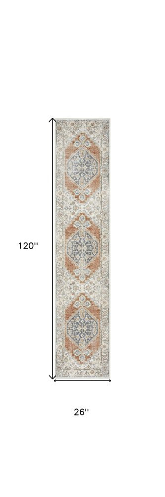 10' Gray And Ivory Oriental Distressed Washable Runner Rug