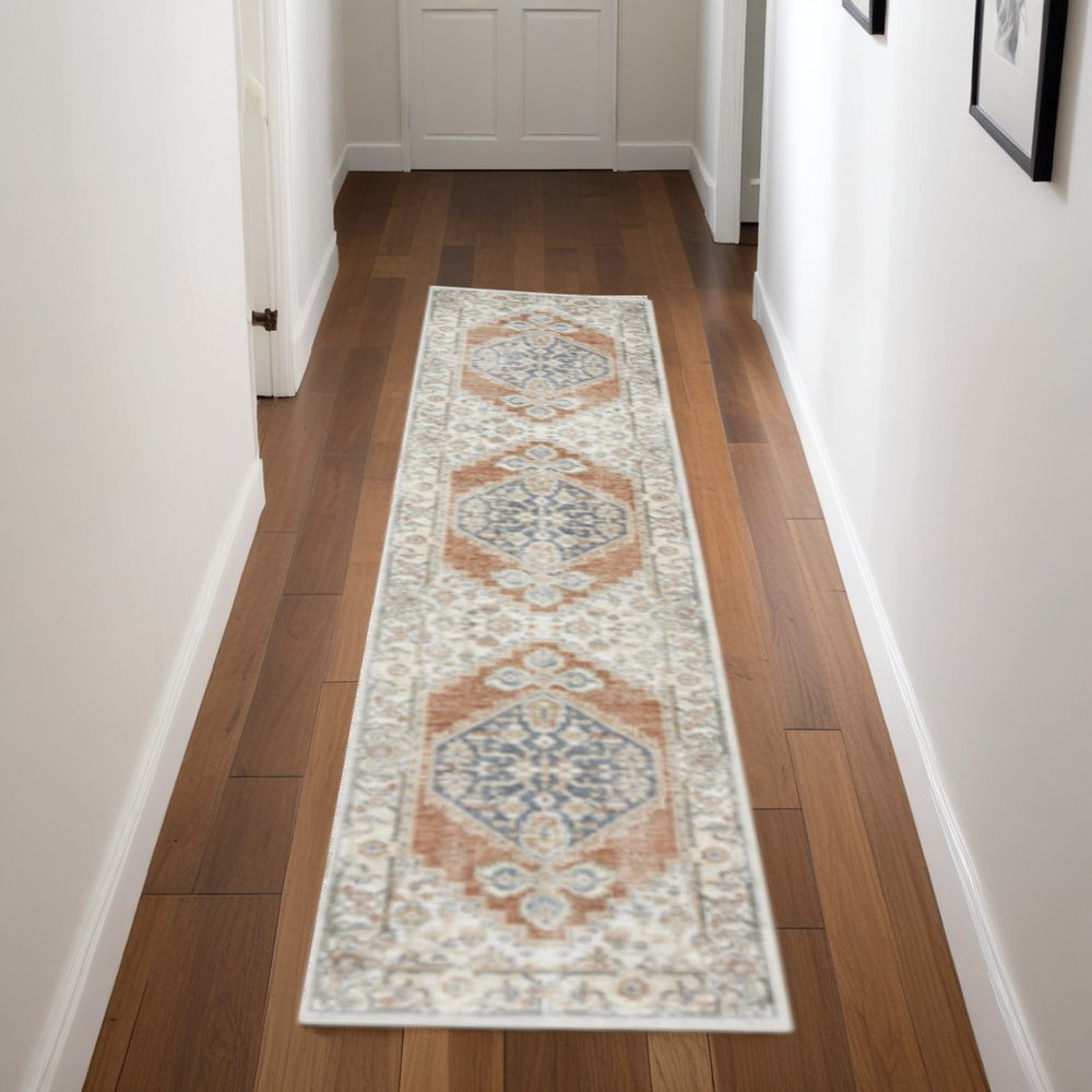 8' Gray And Ivory Oriental Distressed Washable Runner Rug