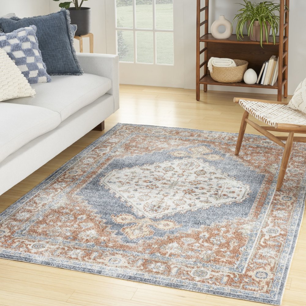 4' X 6' Denim Blue Oriental Power Loom Distressed Washable Area Rug