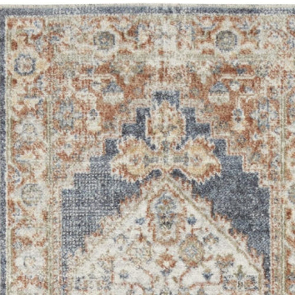 10' Denim Blue Oriental Power Loom Distressed Washable Runner Rug