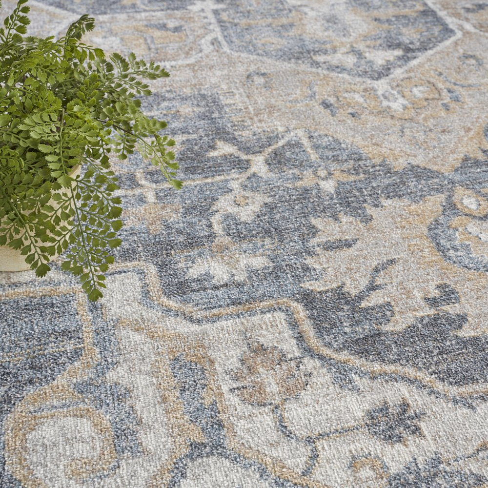 8' X 10' Gray and Blue Oriental Power Loom Washable Area Rug