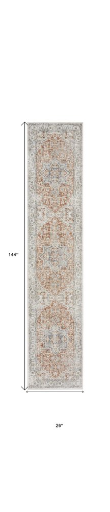 12' Gold And Ivory Oriental Washable Runner Rug
