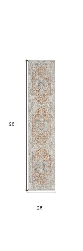 8' Rust And Off White Oriental Washable Runner Rug
