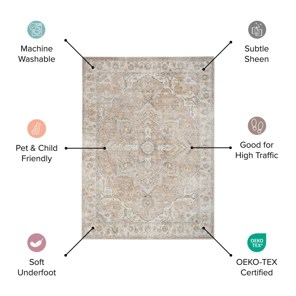 10' Beige Oriental Power Loom Washable Runner Rug