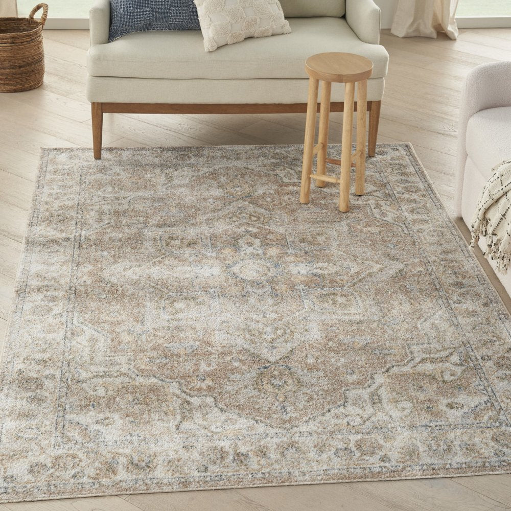 4' X 6' Beige Oriental Power Loom Washable Area Rug