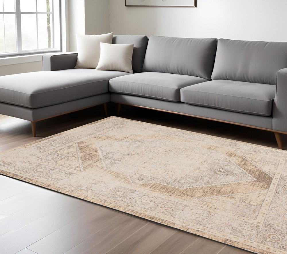 7' X 9' Beige Oriental Power Loom Washable Area Rug