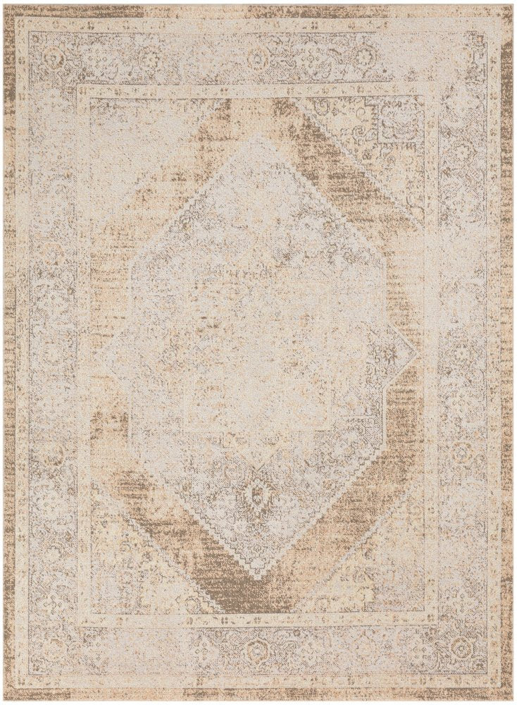 7' X 9' Beige Oriental Power Loom Washable Area Rug