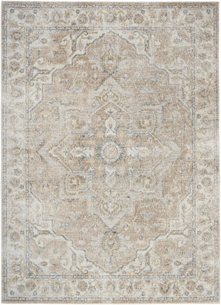 7' X 9' Beige Oriental Power Loom Washable Area Rug