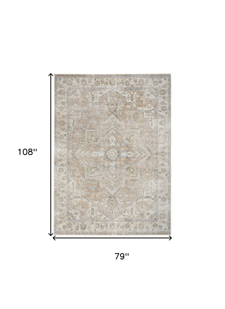 7' X 9' Beige Oriental Power Loom Washable Area Rug