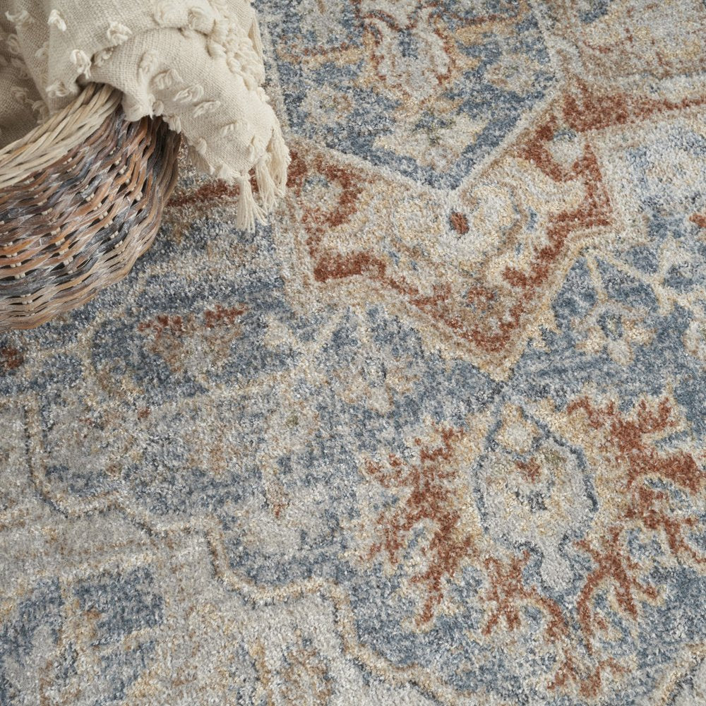 7' X 9' Denim Blue Oriental Power Loom Washable Area Rug