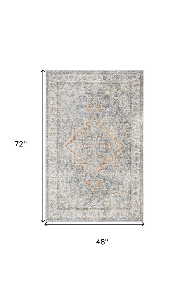 4' X 6' Denim Blue Oriental Power Loom Washable Area Rug