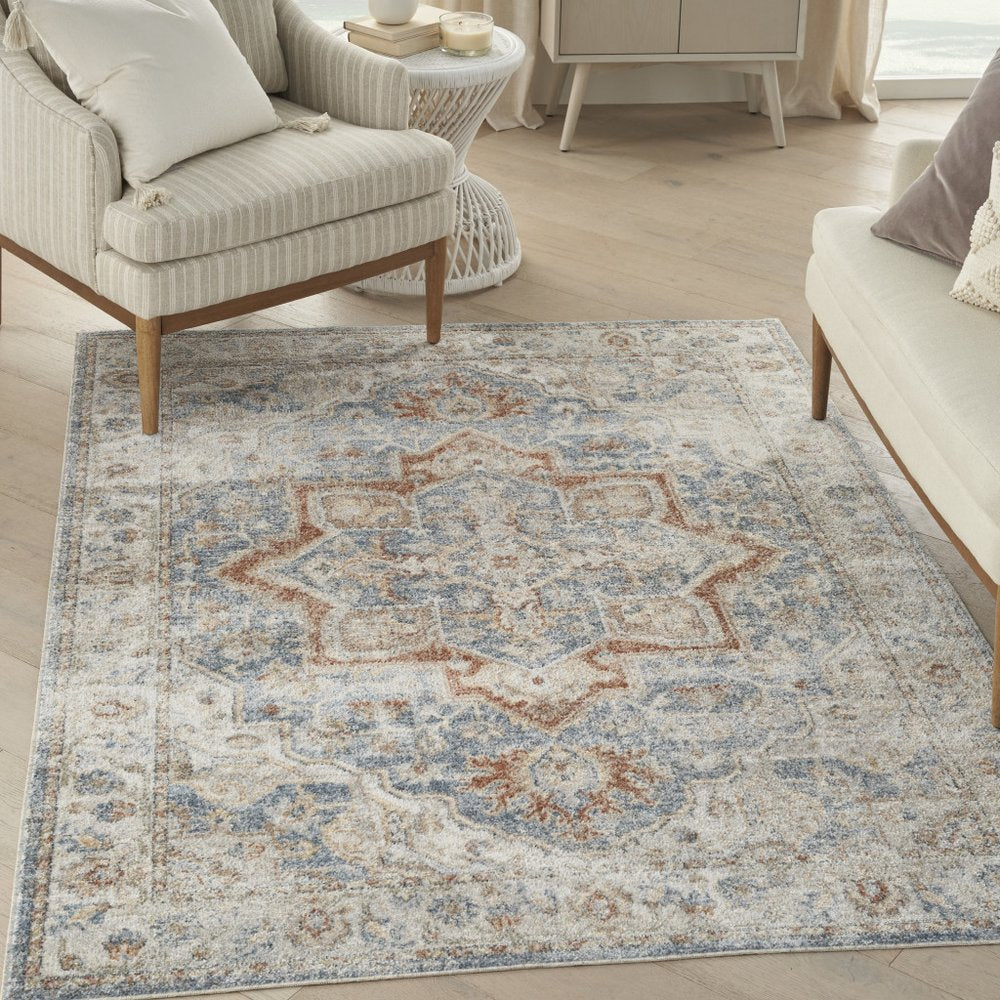 5' X 7' Denim Blue Oriental Power Loom Washable Area Rug
