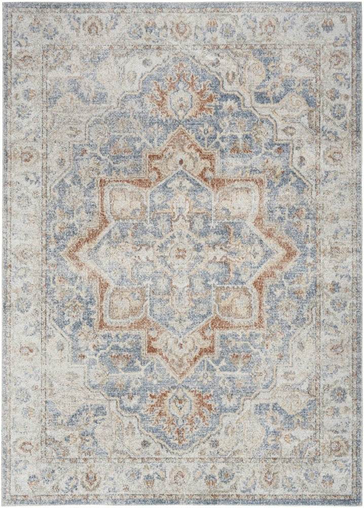 5' X 7' Denim Blue Oriental Power Loom Washable Area Rug