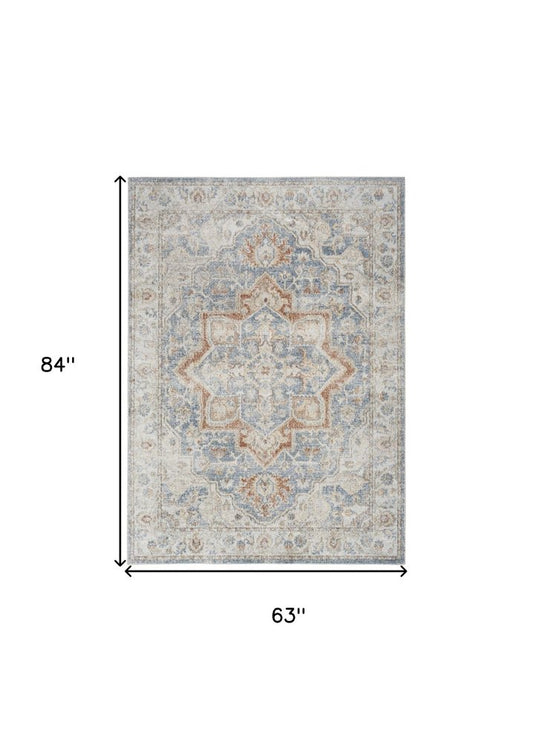 5' X 7' Denim Blue Oriental Power Loom Washable Area Rug