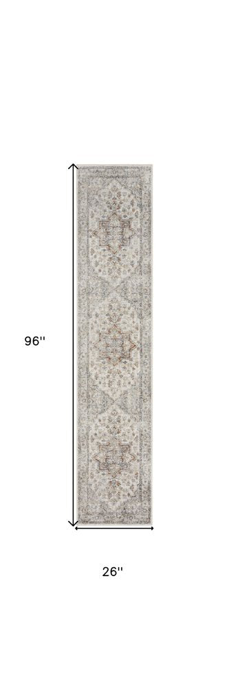 8' Gray And Ivory Oriental Washable Runner Rug