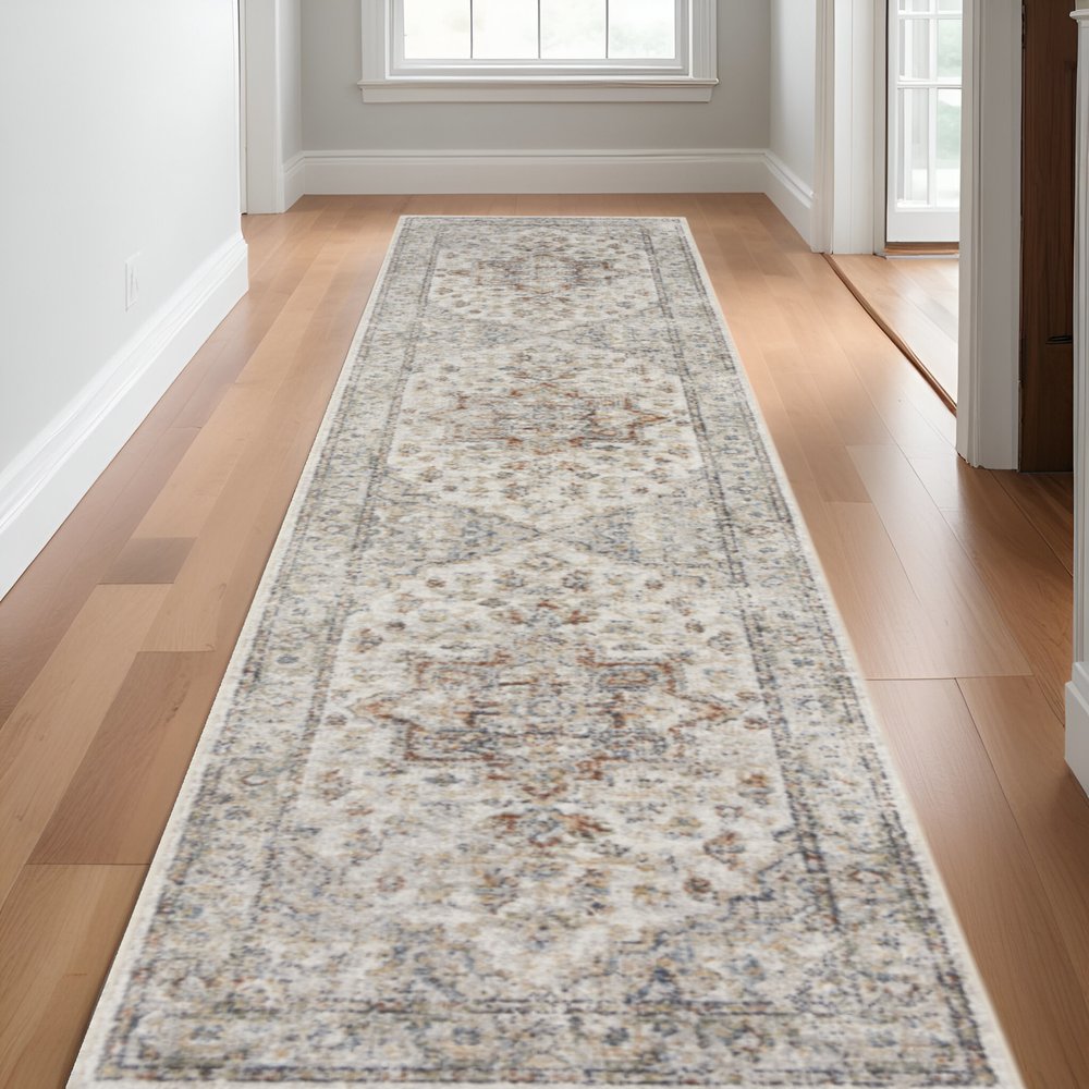 12' Gray Oriental Washable Runner Rug