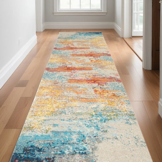 12' Blue And Gray Abstract Runner Rug