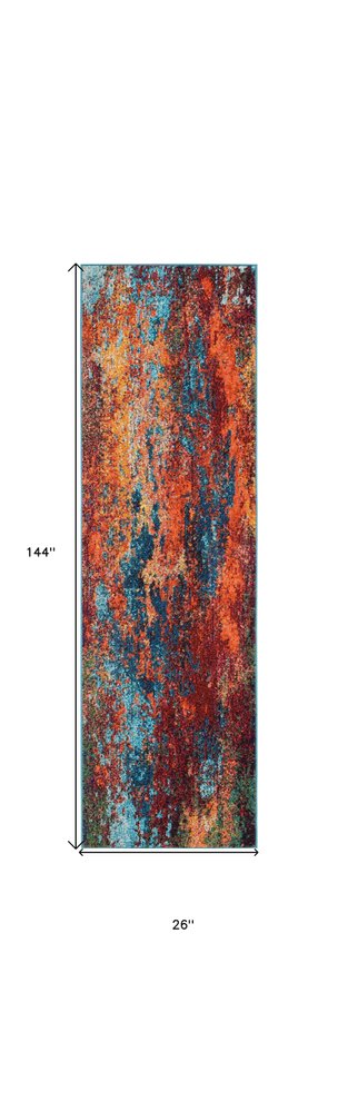 12' Blue And Orange Abstract Runner Rug