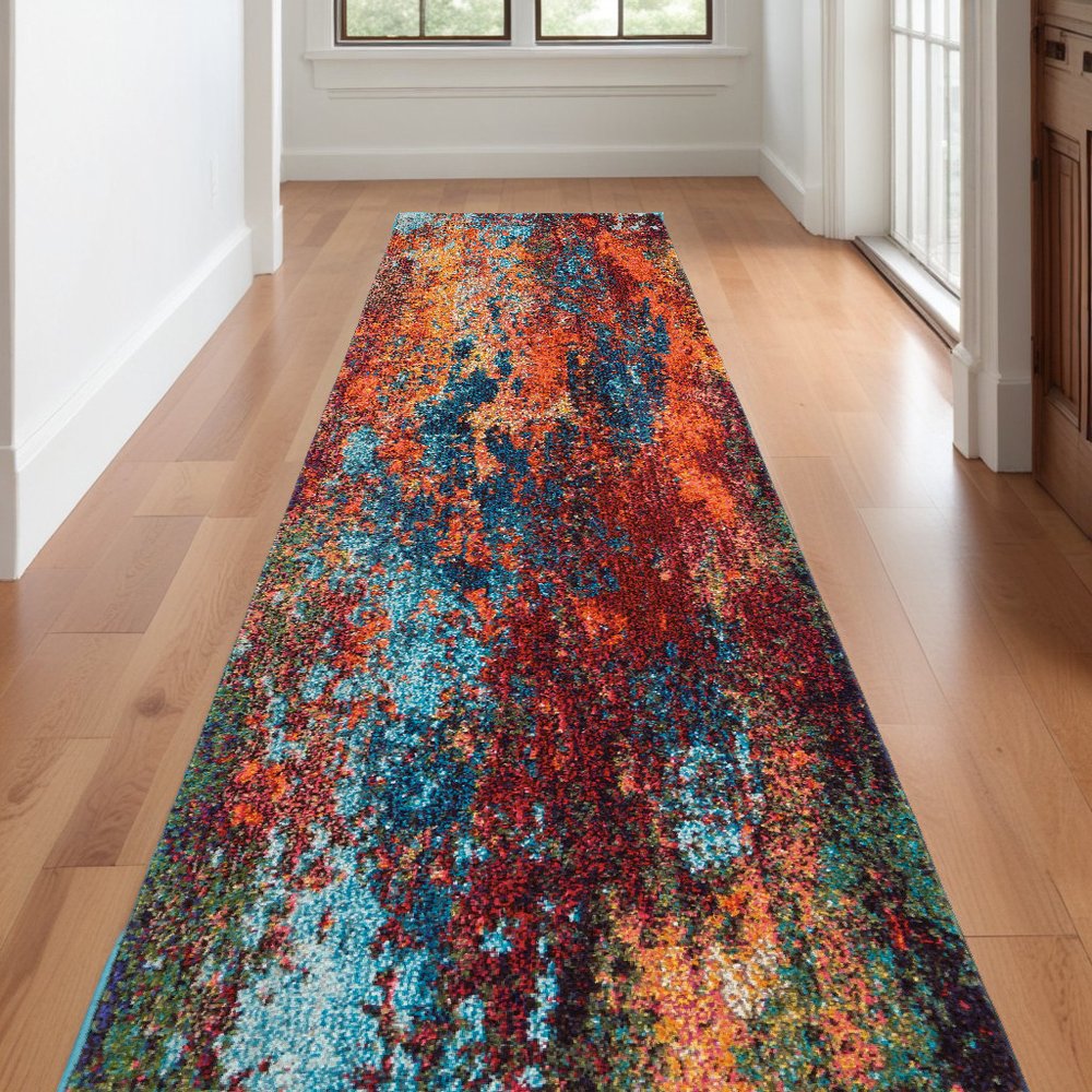 12' Blue And Orange Abstract Runner Rug