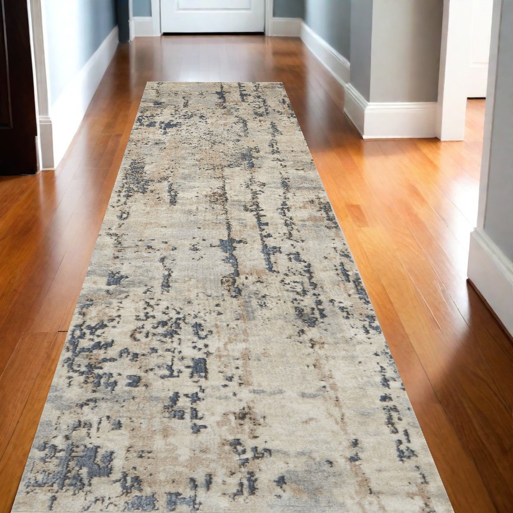 12' Beige And Gray Abstract Runner Rug