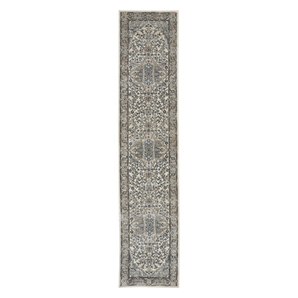 10' Gray and Ivory Medallion Power Loom Runner Rug