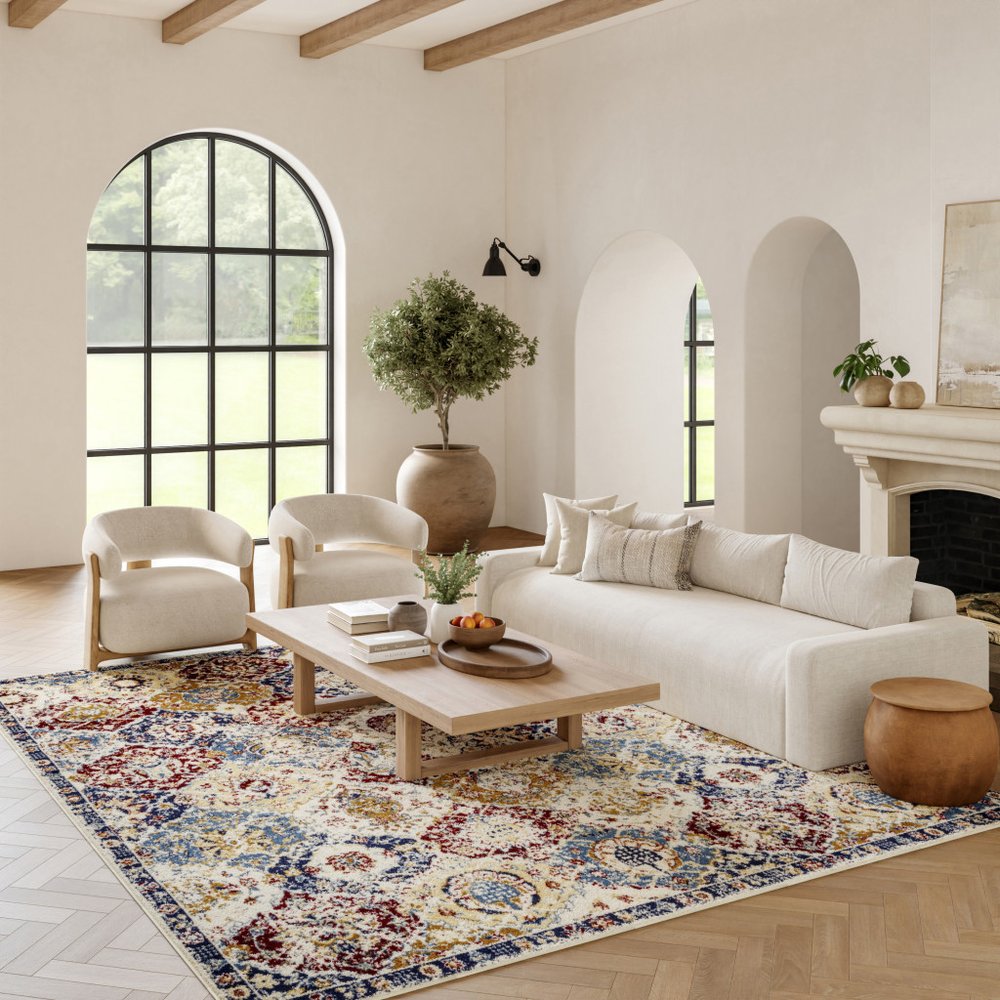 7' X 10' Navy Blue Damask Power Loom Distressed Area Rug