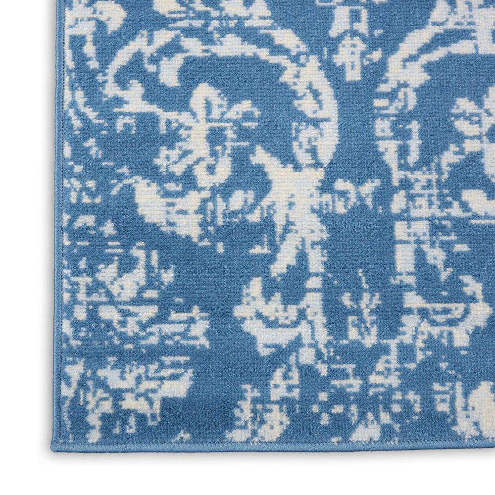 7' Blue Damask Power Loom Runner Rug