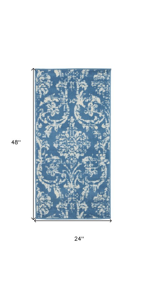 2' X 4' Blue Damask Power Loom Area Rug