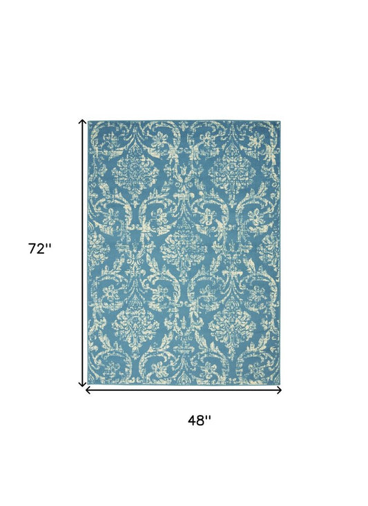 4' X 6' Blue Damask Power Loom Area Rug