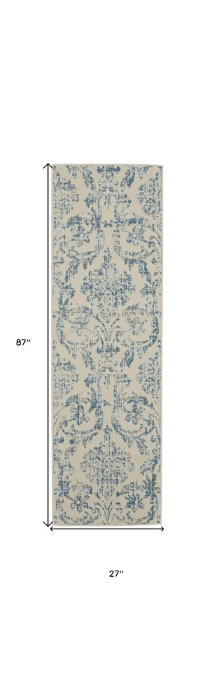 7' Cream Damask Power Loom Runner Rug