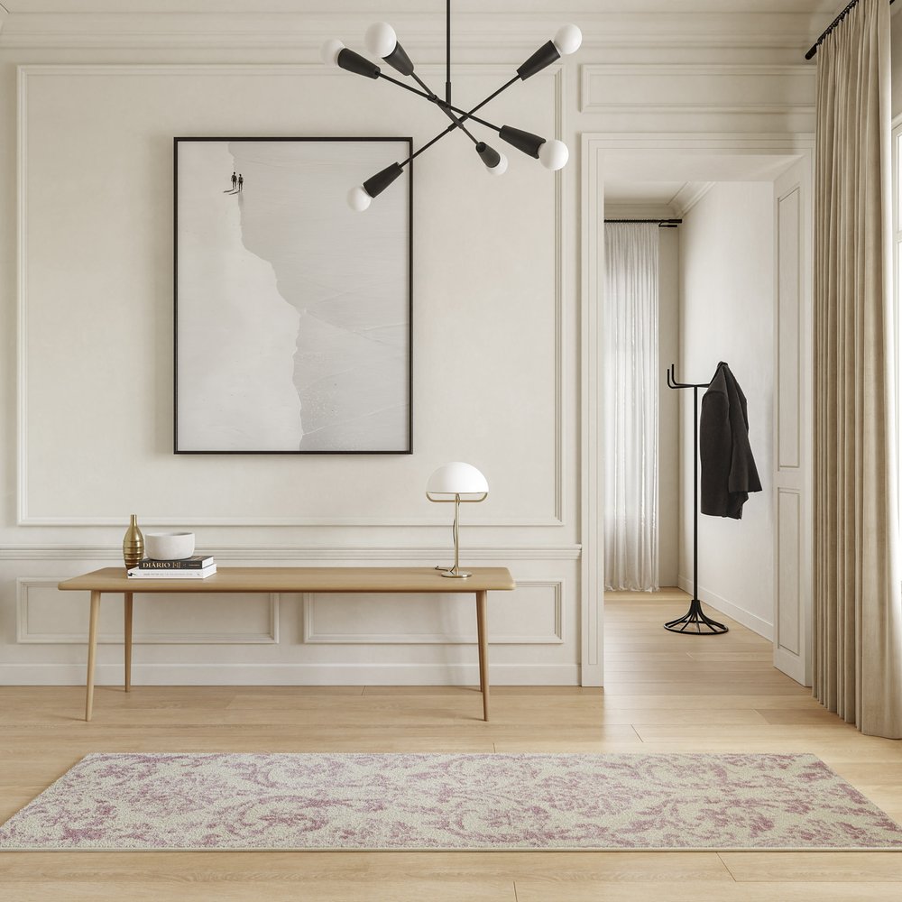 7' Cream Damask Power Loom Runner Rug