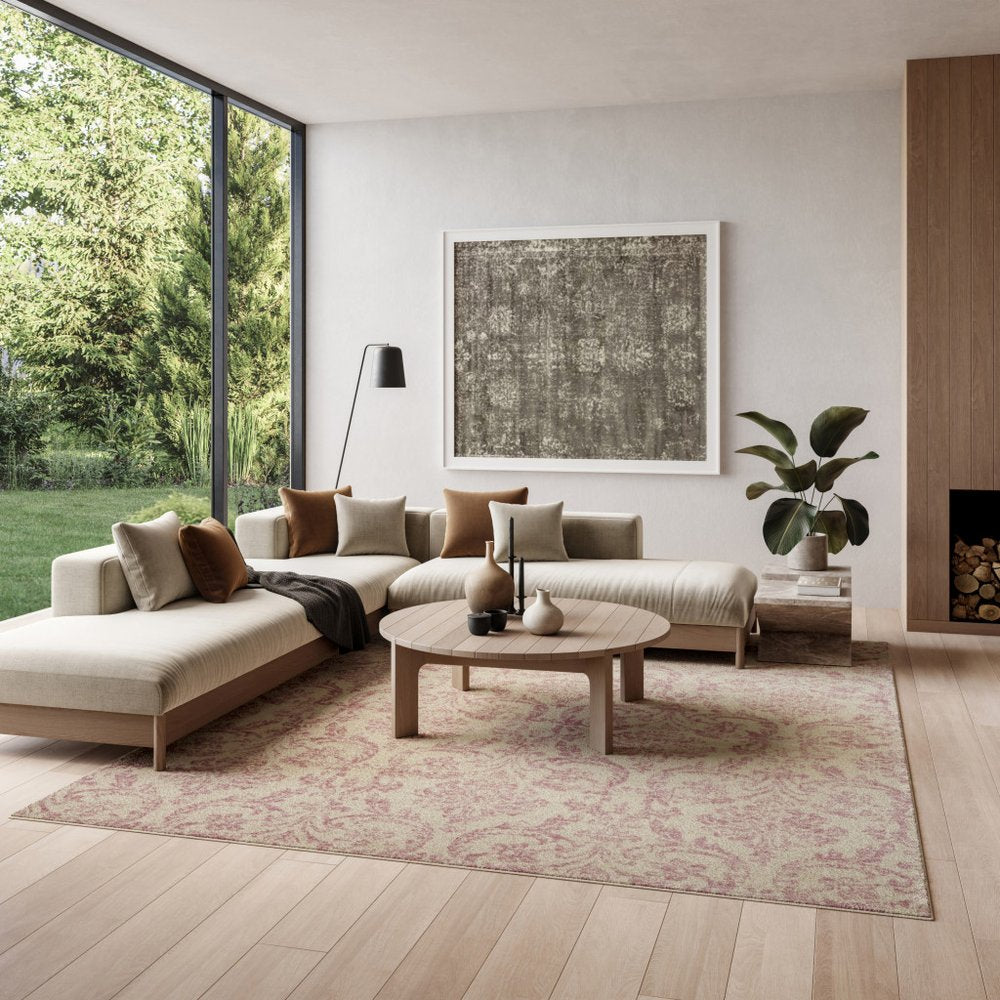 6' X 9' Beige and Pink Floral Power Loom Non Skid Area Rug