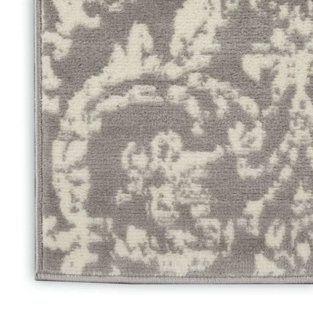7' Gray Damask Power Loom Runner Rug