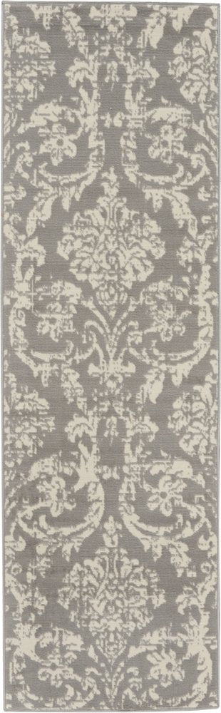 7' Gray Damask Power Loom Runner Rug