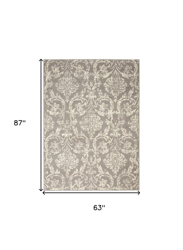 5' X 7' Gray Damask Power Loom Non Skid Area Rug