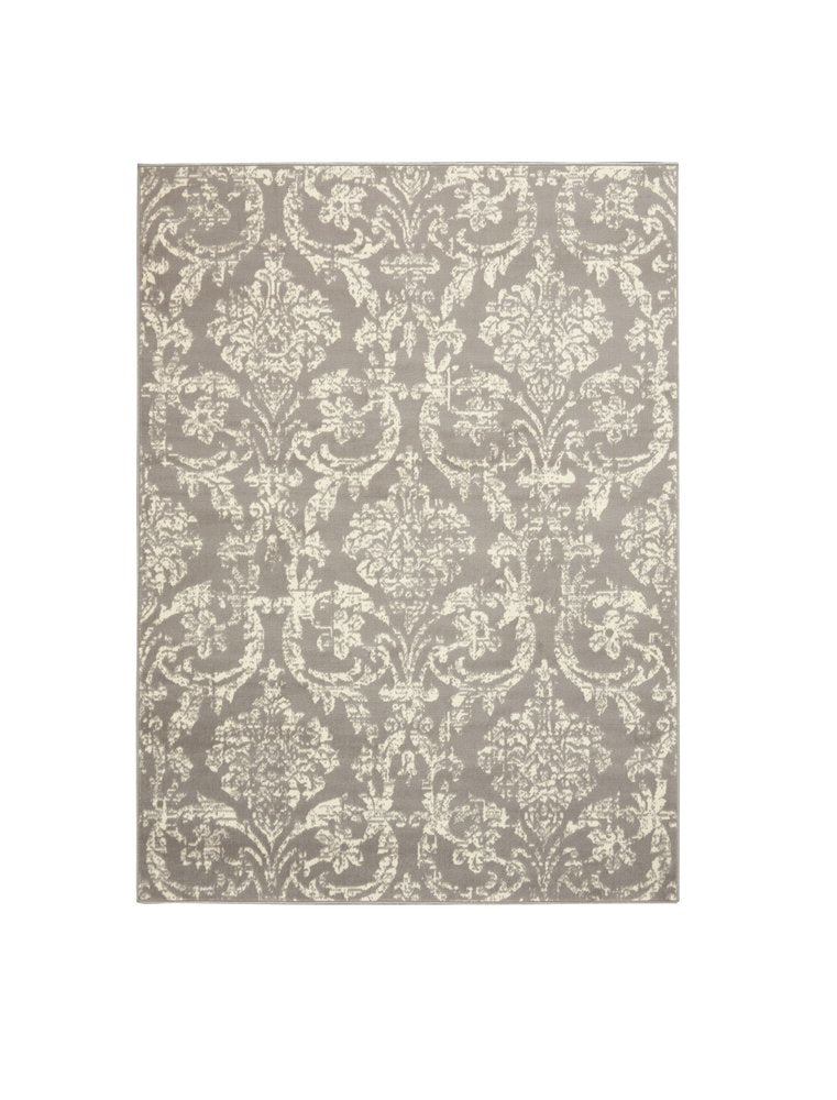 6' X 9' Gray and Ivory Damask Power Loom Distressed Area Rug