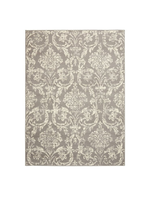 6' X 9' Gray and Ivory Damask Power Loom Distressed Area Rug