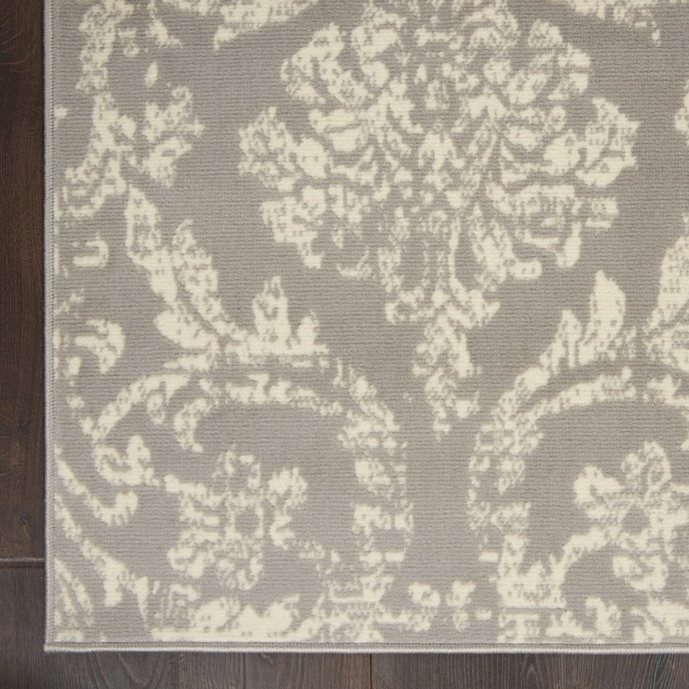 6' X 9' Gray and Ivory Damask Power Loom Distressed Area Rug