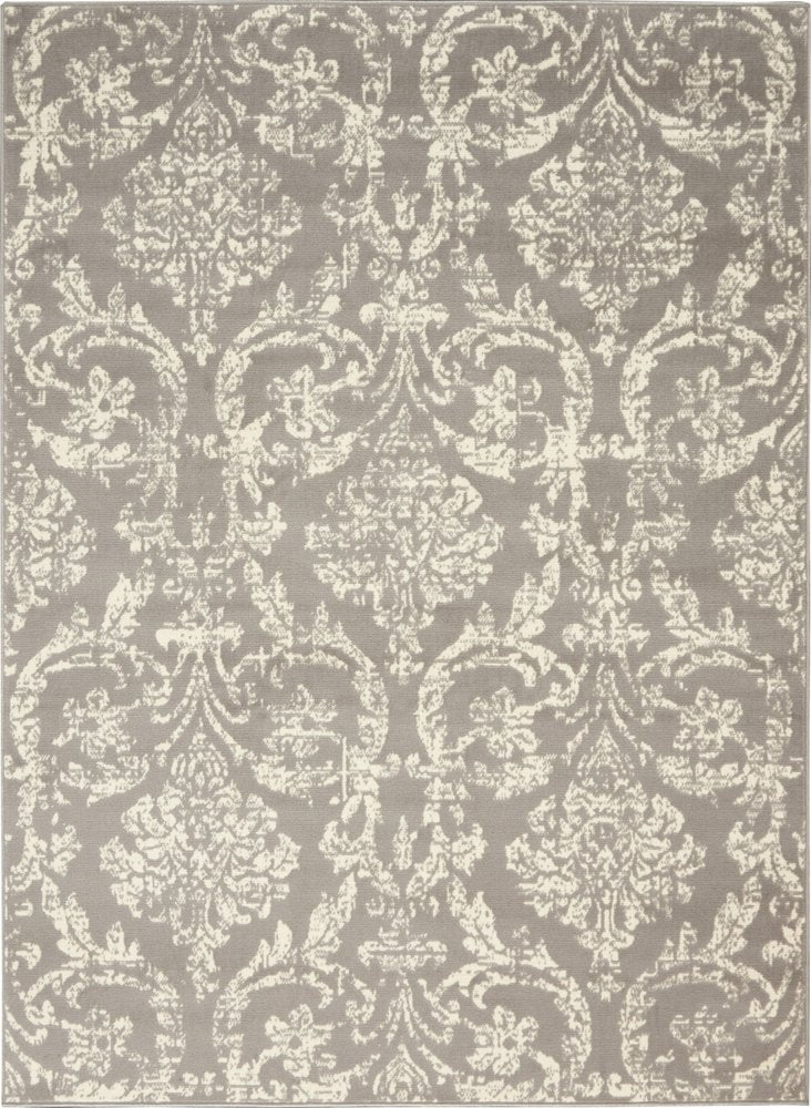 6' X 9' Gray and Ivory Damask Power Loom Distressed Area Rug