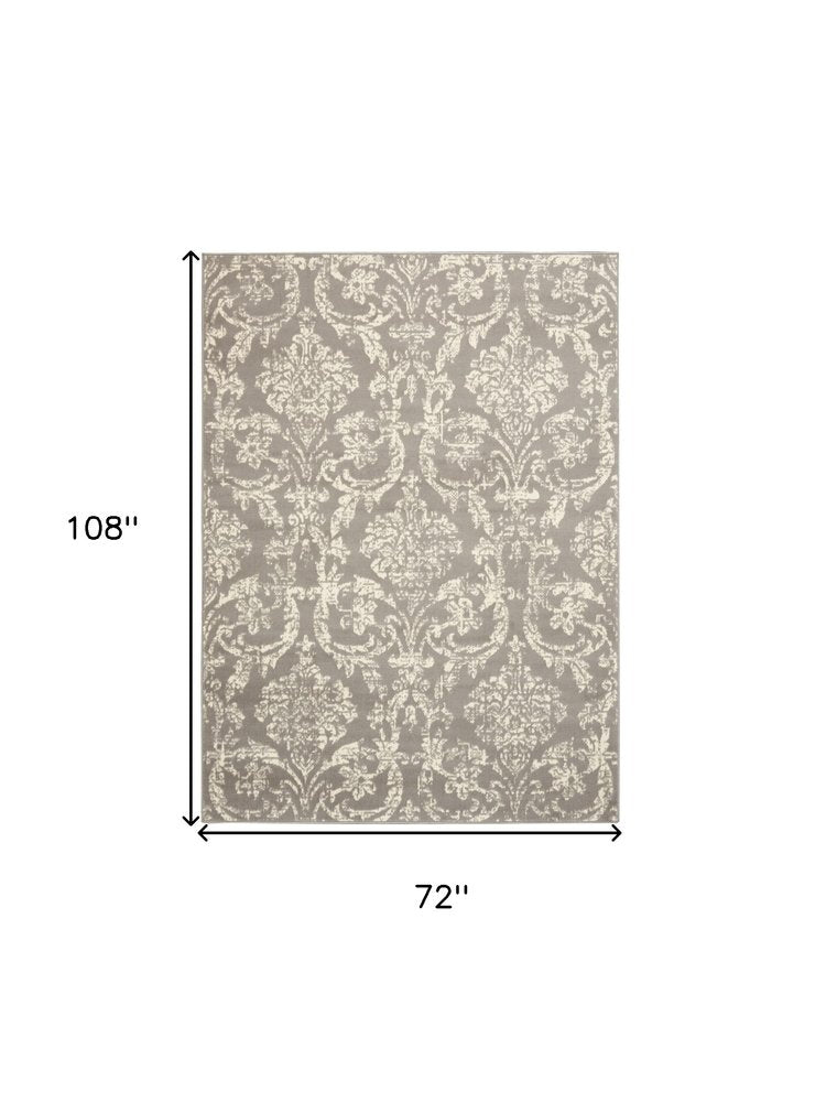 6' X 9' Gray and Ivory Damask Power Loom Distressed Area Rug