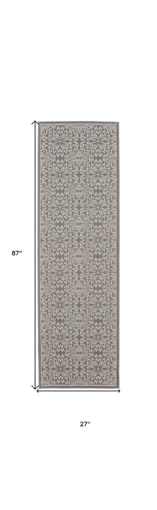 7' Gray Floral Power Loom Runner Rug