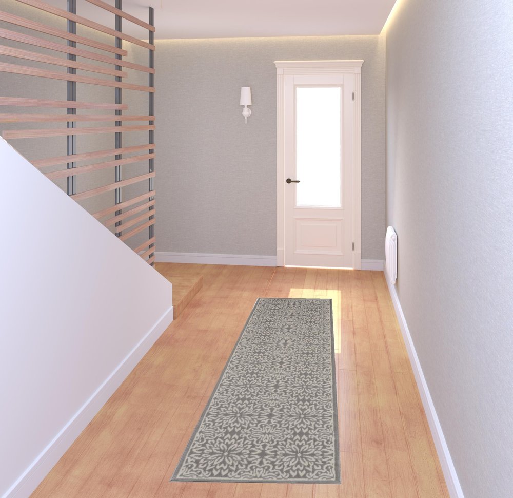 7' Gray Floral Power Loom Runner Rug