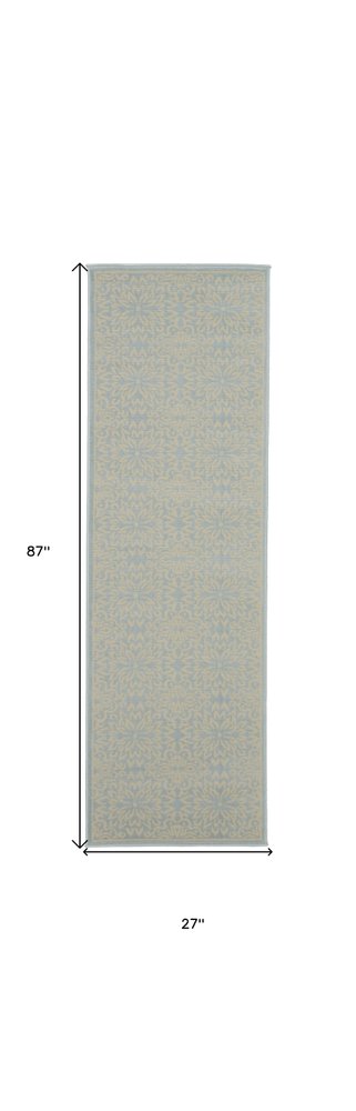 7' Light Blue Floral Power Loom Runner Rug